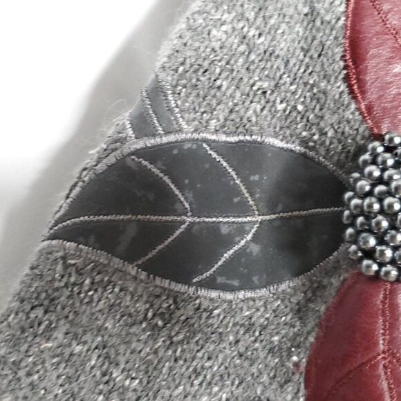 80s Silk Angora Pullover Sweater L Dolman Faux Leather Bead Floral Leaf Gray Red - Picture 5 of 8
